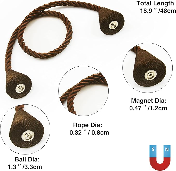 2 Pack Magnetic Curtain Tiebacks Rope Modern Handmade Curtain Tie Backs Decorative Drapes Weave Holdbacks for Window Décor, Coffee