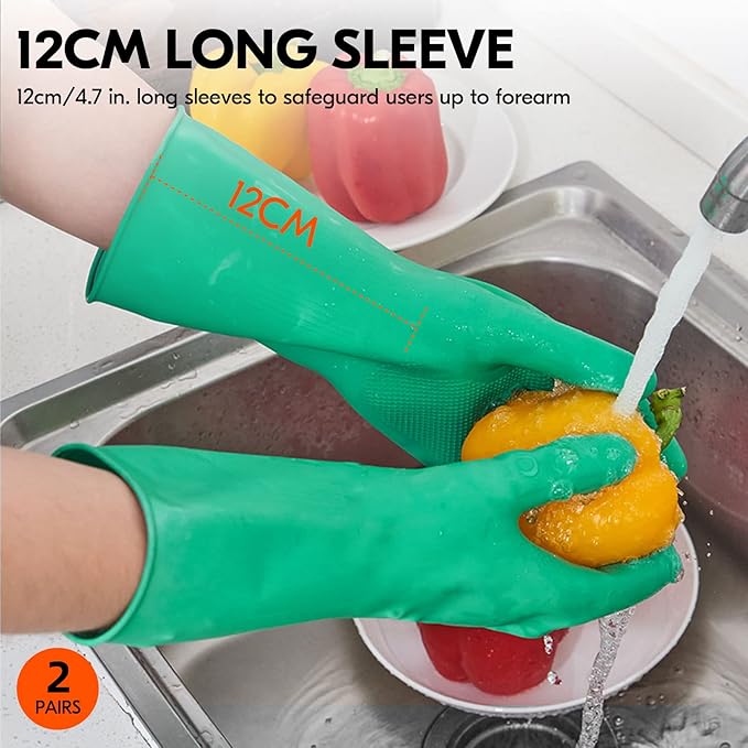 Vgo... 2-Pairs Reusable Household Gloves, Rubber Dishwashing gloves, Extra Thickness, Long Sleeves, Kitchen Cleaning, Working, Painting, Gardening, Pet Care (Size M, Green, HH4601)