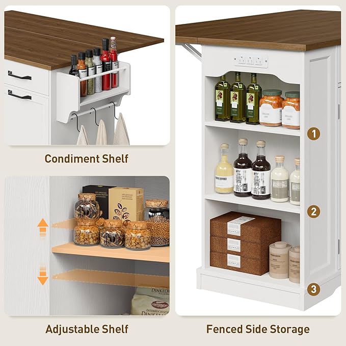 Kitchen Island with Power Outlet & Drop Leaf, Rolling Storage Cart with Trash Storage Cabinet,Farmhouse Mobile Island Table for Kitchen, Dining Room, Hidden Casters, White and Walnut