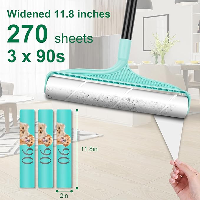 KeFanta Large Lint Rollers for Pet Hair Extra Sticky, 11.8" Wide Giant Lint Roller with 53" Long Handle, Big Pet Hair Sticky Remover for Floor Carpets Couch Clothes (270 Sheets)