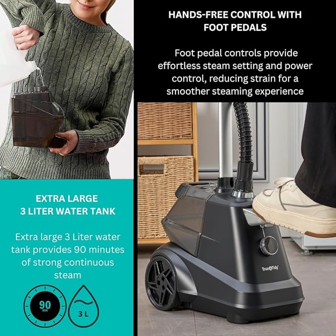 True & Tidy® Heavy-Duty Industrial Standing Garment Steamer for Clothes, 1800 watts, Extra Large 3L water tank 90+ mins of Steam Time (Matte Black, Smart Auto-Off Commercial Garment Steamer)