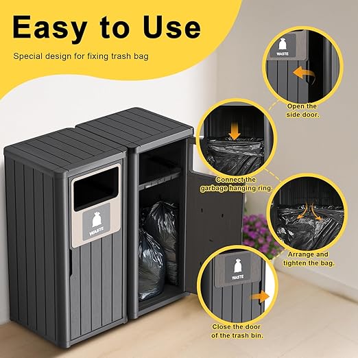 ROJIK 35" Tall Outdoor Trash Can,Weatherproof Resin Garbage Indoor Durable Lightweight,Suitable for Patio Office Kitchen,Easy to Clean,Assemble(Waste&Recycle, Black)