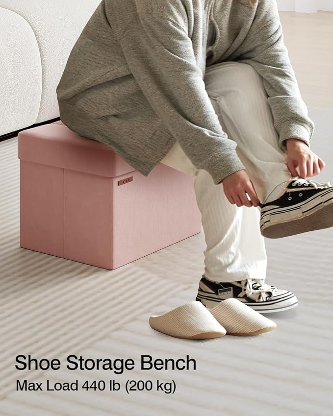 Folding Storage Ottoman, Velvet Storage Bench, Footrest, Foot Stool,for Living Room, Bedroom and Office,12.2 x 16.1 x 12.2 Inches, 200 kg Load Capacity,Jelly Pink,UASND03P
