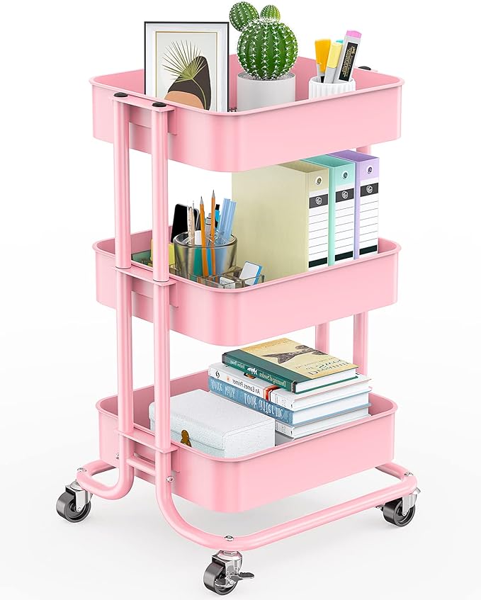 Pipishell 3-Tier Metal Rolling Utility Cart, Heavy-Duty Storage Cart with 2 Lockable Wheels, Multifunctional Mesh Organization Cart for Kitchen Dining Room Living Room (Pink)