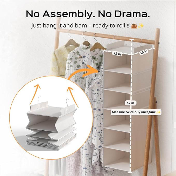 Extra Deep Hanging Closet Organizer with Shelves and Oversized Mesh Pockets, Heavy-Duty Structure, No Deformation, Max Storage for Clothes, Shoes, Hats, Dorms and RVs,1-Pack (White, 6 Tier)