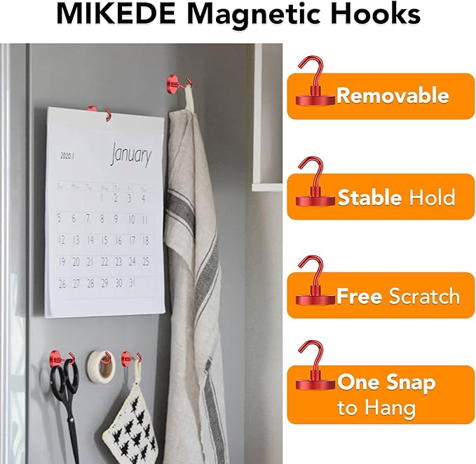MIKEDE Magnetic Hooks Heavy Duty, 150LB Strong Magnet with Hook for Fridge, Super Neodymium Strength Industrial Hanging, Hanger Toolbox, Cruise, Grill(Red,10 Pack)