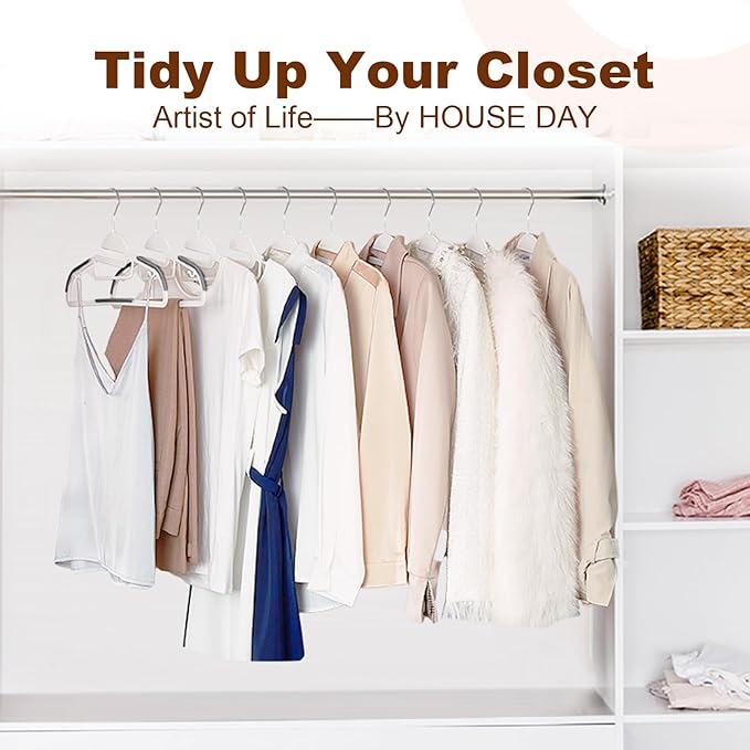 HOUSE DAY White Plastic Hangers 50 Pack, Slim Space Saving, Non Slip Hangers with Rubber Pads, Heavy Duty Coat Hanger for Closet, Prevent Stretching S-Shaped Clothes Hanger for Shirt, Suit, Pants