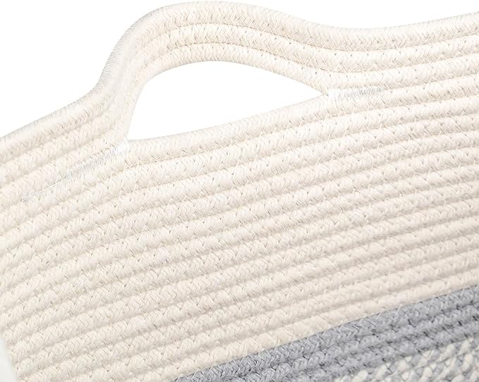 Storage Baskets for Clothes Fabric Cotton Rope Storage Basket with Handles, Decorative Woven Basket for Living Room,Closet Organizer Blankets, and 2bags (White/Gray, L17.8×W12.5×H17.9)