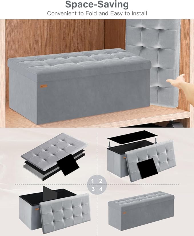 Folding Storage Ottoman, Velvet Storage Bench, Footrest, Removable Divider, for Living Room, Bedroom, 15 x 43 x 15 Inches, 660 lb Load Capacity, Dove Gray UASND02G