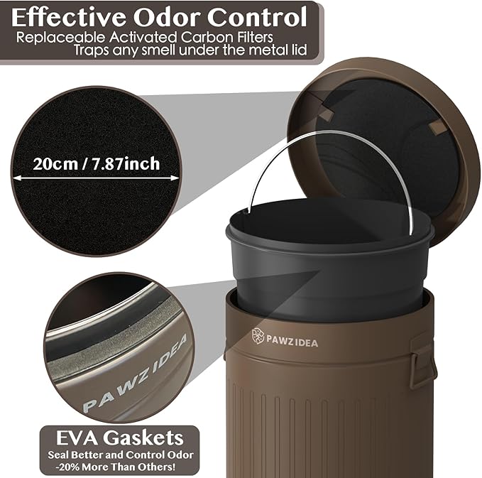PAWZIDEA Dog Poop Trash Can Outside Odor Control, 3.1Gallon Pet Waste Trash Can Outdoor Waterproof, Dog Poop Container Bin Outdoor Garbage Can with Lid, 7.8in Activated Carbon Filter Pet Waste Station