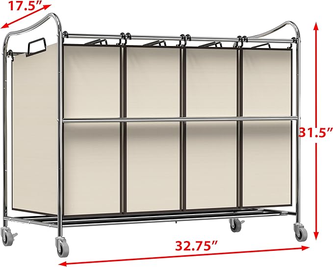 Simple Houseware 4-Bag Heavy Duty Rolling Laundry Sorter Cart, Chrome