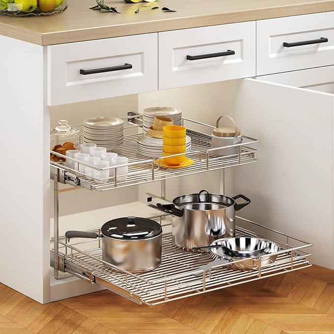 2 Tier Individual Pull Out Cabinet Organizer 25½" W x 21½" D, Heavy Duty Cabinet Pull Out Shelves, Slide Out Drawers Organization for Kitchen Cabinets Bathroom