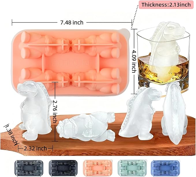 7.48inch Newly Upgraded 4-grid 3D Dinosaur Ice Tray and Covered Silicone Ice Tray, Suitable for Bars, Outdoor and Home Use (1, yellow)