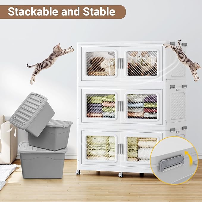 BROVIEW 1200 Qt Stackable Storage Bin with Lid, 300Gal Extra Large Collapsible Storage Boxes, Folding Plastic Drawer, Heavy-Duty Store Cabinet, Closet Organizer for Home Kitchen, 4 Pack White