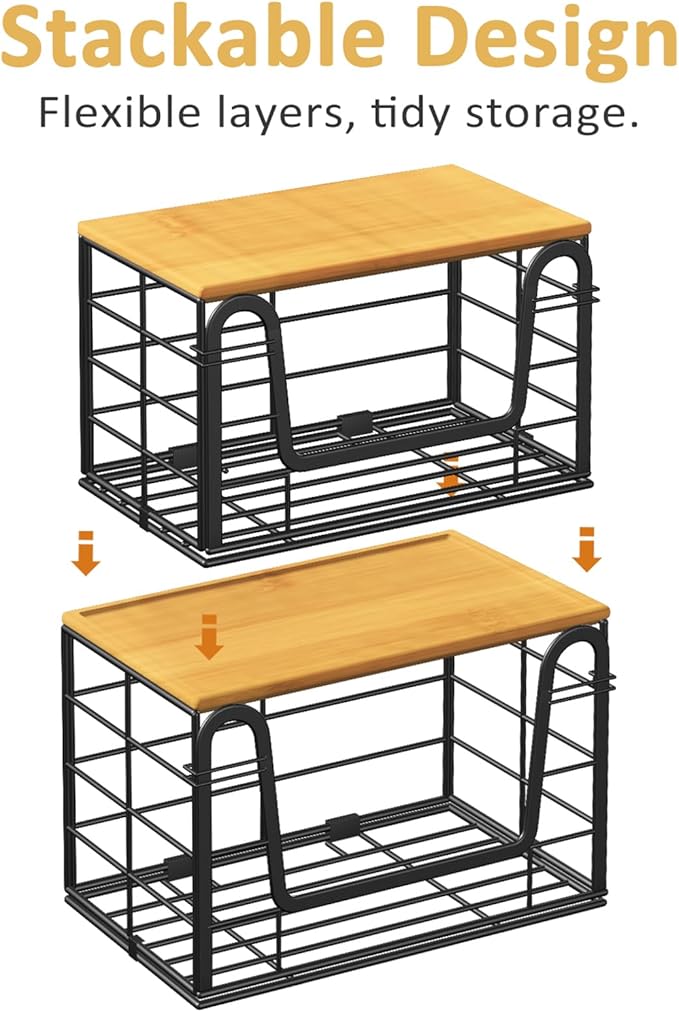 2 Pack Trash Bag Holder - Extra Large Stackable Storage for Kitchen Pantry Laundry Room Organization, Wall Mount Garbage Bag Dispenser with Bamboo Top for Under Sink Organizer, Fits 13/30/33 Gallons