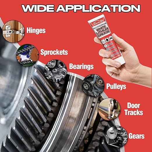 AstraVox White Lithium Grease, Multi-Purpose Lubricant Lithium Grease with Brush for Hinges, Bearings, Gears, and Garage Doors, Ideal for Automotive, Marine, Industrial, and Household Use (1)