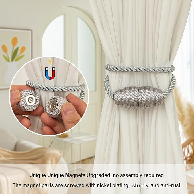 Magnetic Curtain Tiebacks Rope Curtain Tie Backs for Curtains 6 Pack Curtain Holders for Drapes Decorative Window Curtain Holdbacks, Grey