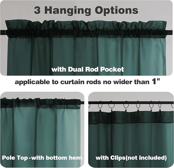 Chyhomenyc Sheer Valances for Windows 2 Pack, Small Window Curtains for Living Room Bathroom Cafe Laundry Basement, Modern Top Dual Rod Pocket Voile Curtain, 42W x 18L inches, Hunter Green