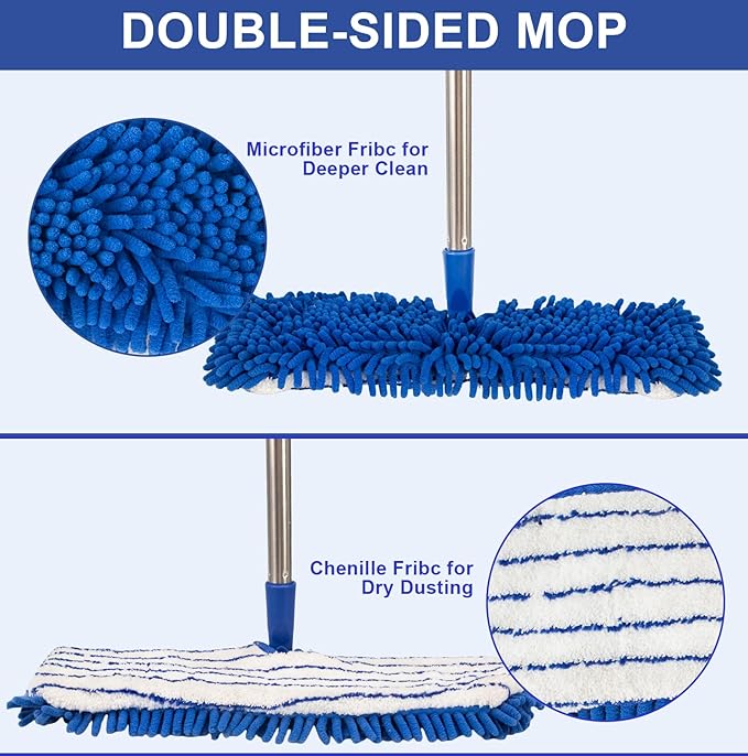 Microfiber Dust Mop for Floor Cleaning - Dual-Sided Washable Pads, Adjustable Stainless Steel Handle (30.7"-56.7") - Wet/Dry Use for Hardwood, Laminate, Tile, Marble Floors with Spin Mop Heads