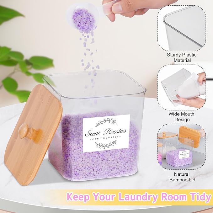 efluky 4+1 pack Laundry Pods Container & Dryer Sheet Holder Set,Clear Laundry Room Organization Containers with Bamboo Lids and Labels,Laundry Pods Holder for Scent Booster,Powder,Pod