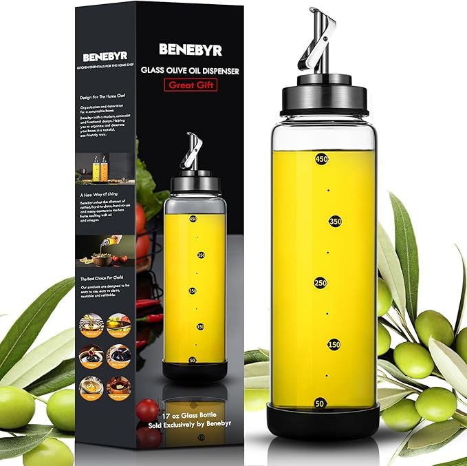 Glass Olive Oil Dispenser Bottle for Kitchen Shatterproof & Leakproof Cooking Oil Dispenser with Stainless Steel Spout & Rubber Bottom 17 oz Heat Resistant Olive Oil Bottle
