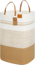 danpinera Large Laundry Hamper – 75L Tall Woven Cotton Storage Basket with Leather Handles, Slim Dirty Clothes Hamper, Decorative Storage Basket for Blanket,Toys White & Jute