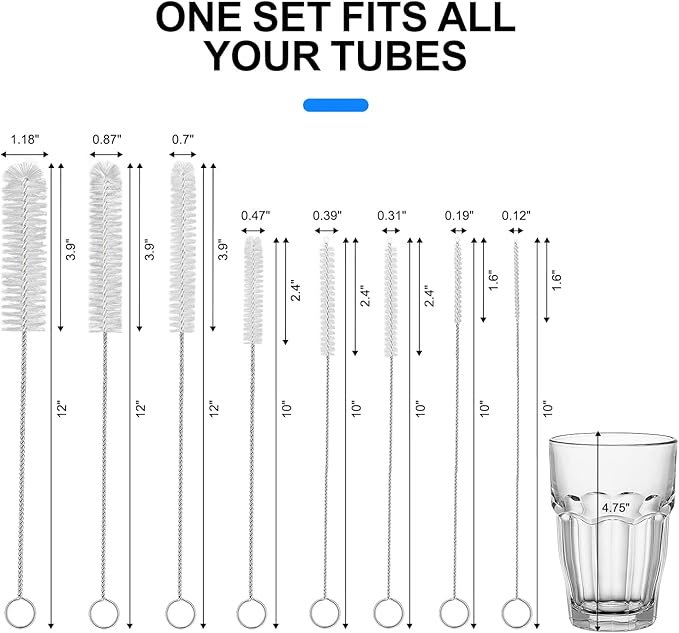 8 Pack Straw Brush Cleaner with Different Diameters (3mm-30mm) - 12" Long Nylon Brush for Water Bottles, Baby Bottles, Sippy Cups & Tumblers | Reusable Tube Cleaner for Straws and Narrow Pipes