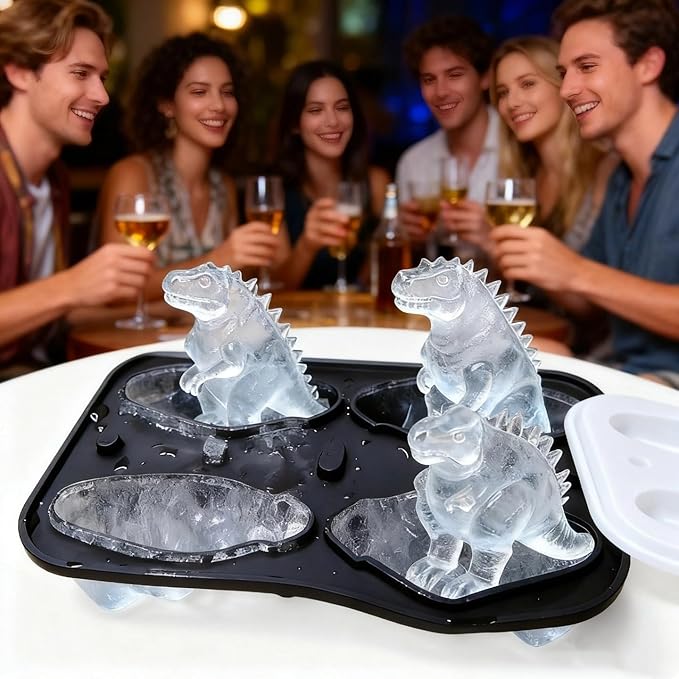 7.48inch Newly Upgraded 4-grid 3D Dinosaur Ice Tray and Covered Silicone Ice Tray, Suitable for Bars, Outdoor and Home Use(1, black)
