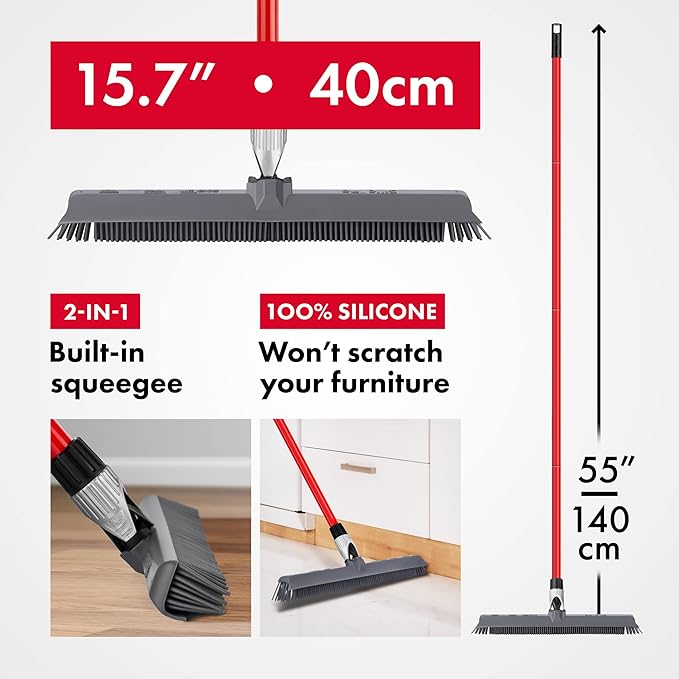 2-in-1 Silicone Rubber Broom Carpet Rake and Squeegee - Swivel Pet Hair Removal Broom with 1 Piece Long Handle - Slanted Side Bristles for Corners - Multipurpose Broom for Carpet, Hardwood Floor, Tile