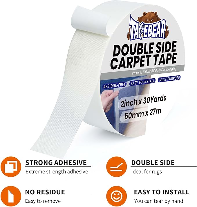 TAPEBEAR Carpet Tape Double Sided 4Inch x 30Yards, Heavy Duty Rug Gripper Anti Slip Anti Curling Floor Tape Residue-Free, Two Sided, Removable, Waterproof for Area Rugs, Mats, Strong Hold for Tile