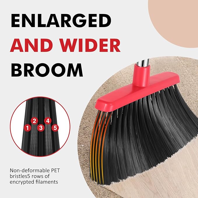 Heavy Duty Broom, 55 Inch Long Handle Outdoor Large Angle Brooms with Holder, Commercial Broom for Sweeping Indoor, for Home Garage Kitchen Office Courtyard Lobby Patio Lawn Concrete, Black Red