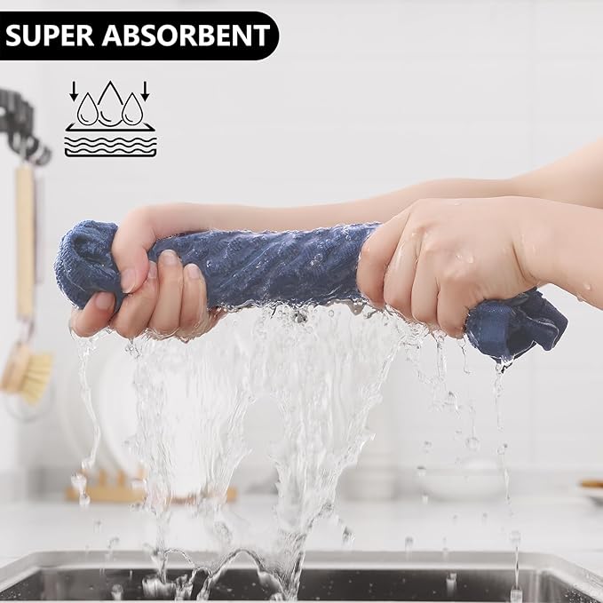 Fintale 100% Cotton Kitchen Towels and Dishcloths Set, 12 x 12 & 15 x 25 Inches, Set of 12 Bulk Super Soft and Absorbent Terry Cloth Dish Towels, Quick Drying Hand Towels with Hanging Loop, Navy Blue