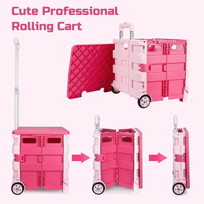 Foldable Rolling Cart on Noiseless Wheels: Portable Utility Cart for Grocery Books File Office (Pink)