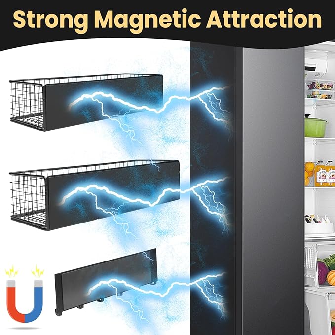 Magnetic Spice Rack for Refrigerator Magnetic Fridge Shelf for Kitchen Spice Organizer Magnetic Shelf, Classic Grid Design, 2*Spice Racks, 1*Hooks Rack, 1*Paper Towel Holder, 5*Removable Hooks