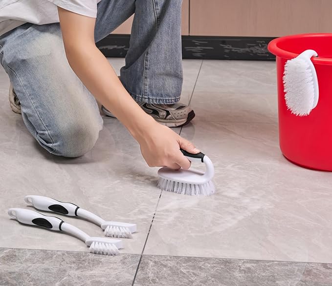 Scrub Brush Set, 4 Pack Deep Cleaning Brush Kit - 2 Scrub Brush, 2 Tile & Grout Brush with Built-in Scraper, Household Commercial Scrubber for Floor, Shower, Pool Wall, Tub (Black)