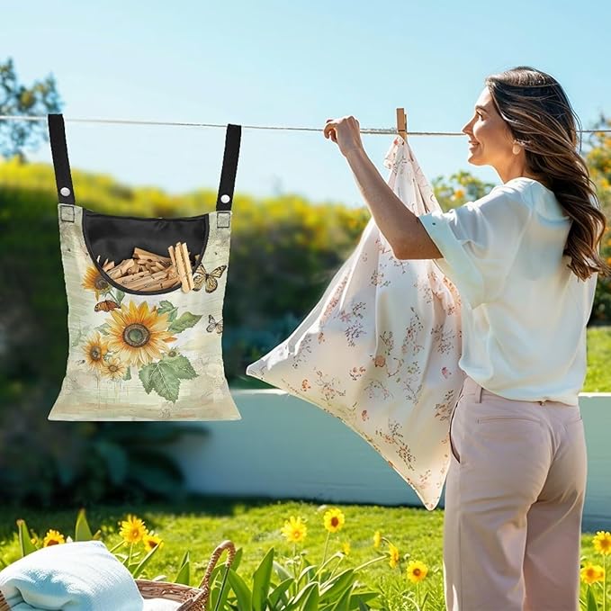 Sunflowers Butterfly Clothespin Bag Clothespin Bag for Clothesline Outdoor Clothespin Storage with Hanger Hook Clothespin Bags Hanging Outdoor Waterproof Clothespin Storage