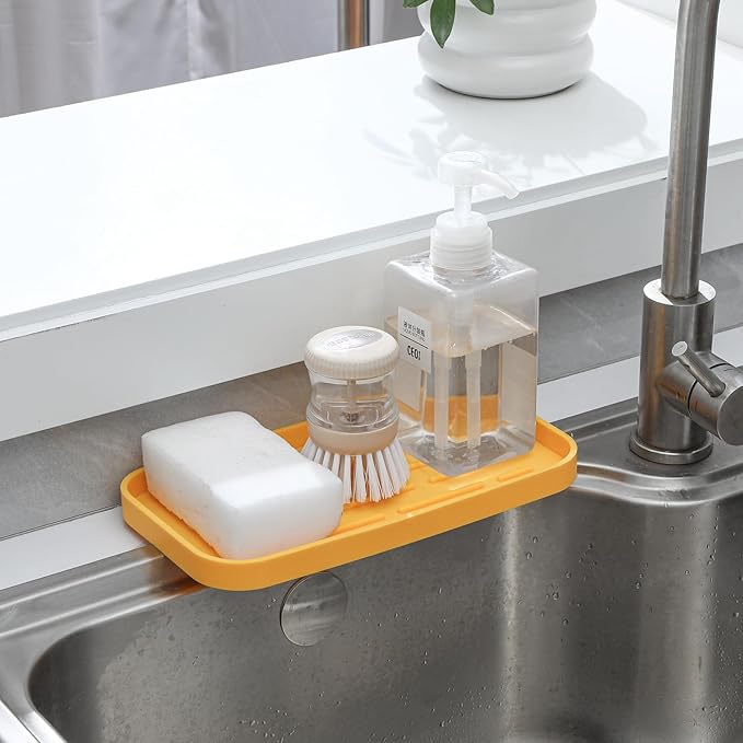 Silicone Kitchen Sink Organizer Tray for Multiple Usage,Easy Clean,Eco-Friendly Sponges Holder for Kitchen Bathroom Counter or Sink,Dish Soap Dispenser,Scrubber,Bottle,Cup Yellow 10”x 5.3”