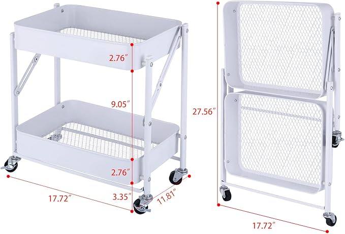 Melody House 2-Tier Metal Folding Rolling Cart, Mobile Utility Cart Trolley Storage Organizer for Office Home Kitchen Organization, Sofa Side End Table with Wheels, White