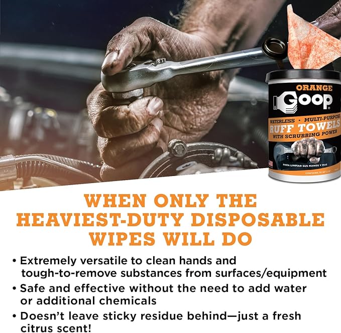 GOOP Orange Heavy Duty Ruff Towels with Scrubbing Power, 10” x 12” Dual Textured Multi-Purpose Cleaning Wipes, Removes Dirt, Grease, Oil, 72 Count (Pack of 2)