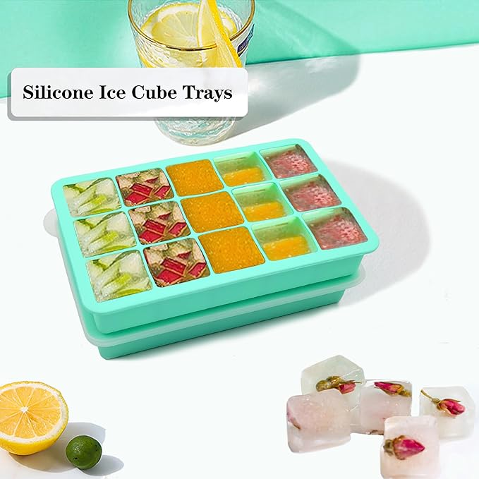 2 Pack Silicone Ice Cube Trays, Easy Release Flexible-15 Cubes Ice Cube Molds,Silicone Ice Cube Molds with Removable Lids for Cocktail, Whiskey, Baby Food, Chocolate-Reusable (Mint Green)