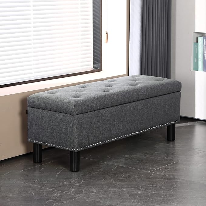 Furnimart 42.5 Inch Storage Ottoman Bench, Flip Top End of Bed Storage Bench, Upholstered Blanket Bench for Bedroom, Entryway, Living Room, Tufted Linen (Dark Grey)