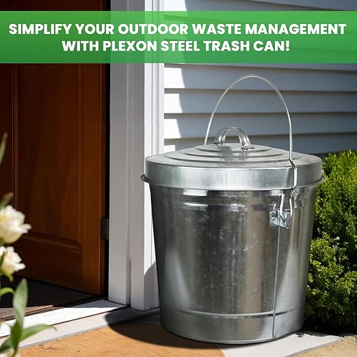 Plexon 6 Gallon Outdoor Trash Can with Lid Galvanized Metal Bucket with Locking Lid for Poultry Feed Bird Seed Storage Ash Small Garbage Can, 6 Pack