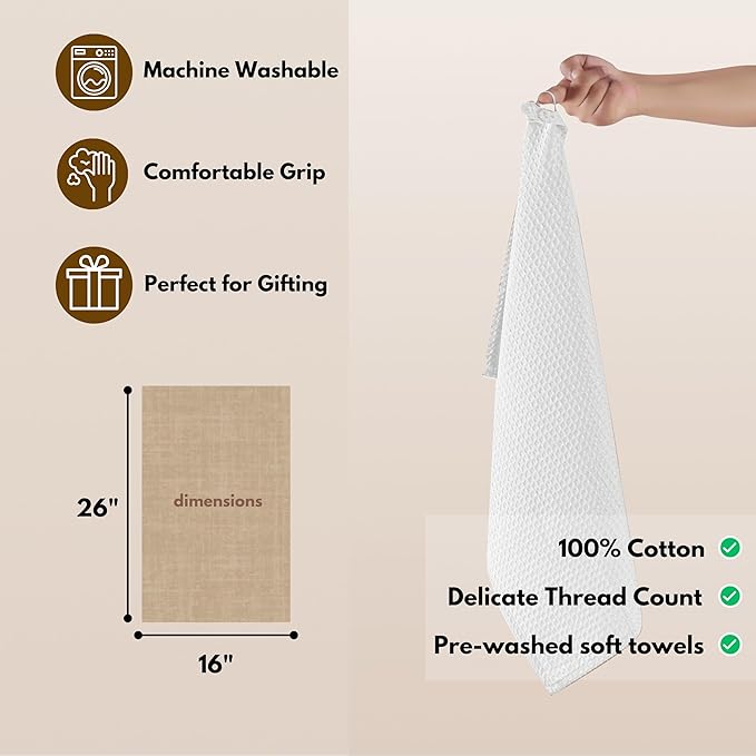 Native Fab Cotton Kitchen Towel with Hanging Loop 16x26 inches, 12-Pack, Waffle Weave Kitchen Towels for Cleaning Drying, Washcloths Soft & Absorbent Cloth Rags, Bar Towel, Dish Cloth, White