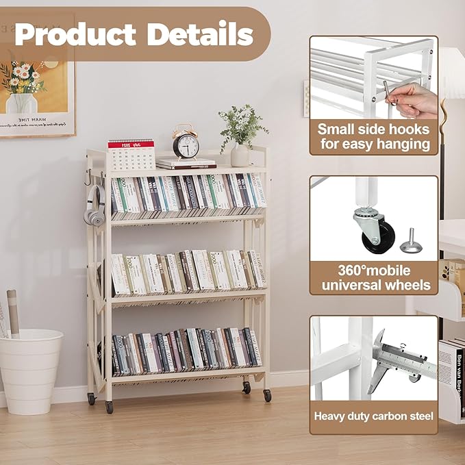 Book Carts 4 Tier 46.5x35.4x9.84 in Rolling Book Cart Large Capacity Bookshelf Storage Rack Mobile Book Storage with Wheels Cart for Home Office Living Room Classroom (White)