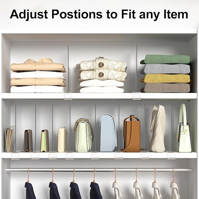 Shelf Dividers Purse Organizer for Closet: 12-Pack Acrylic Bag Storage Organizer for Handbags, Clutches, Clothes, Sweater, Towel on Wood Shelves