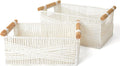 LA JOLIE MUSE Wicker Storage Baskets for Organizing, Recyclable Paper Rope Basket with Wood Handles, Decorative Hand Woven Basket Organizers for Makeup Books Shelves Living Room, White, Set of 2