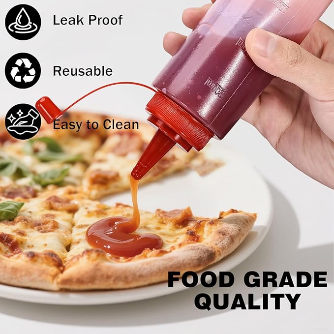 Condiment Squeeze Bottles Ketchup Dispenser, 2 Pack 8oz Squeeze Bottles for Liquids, Plastic Sauce Bottle with Cap Lid, Squirt Bottles for Sauces Liquids BBQ Dressing Pancake Art