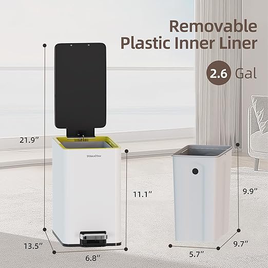 Stainless Steel Bathroom Trash can with lid,2.6 Gallon Trash can with Foot Pedal，Soft Close Small Bathroom Trash Can with Lid for Office, Bedroom, Toilet, Live Room(White)