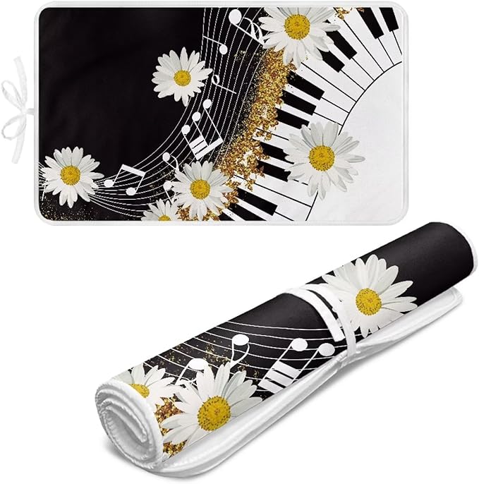 Music Ironing Pad Ironing Blanket Thick Travel Iron Pad Heat Resistant Ironing Board Cover for Table Top, Washer, Dryer,32 x 16 Inch Ironing Mats,Black Piano Daisy