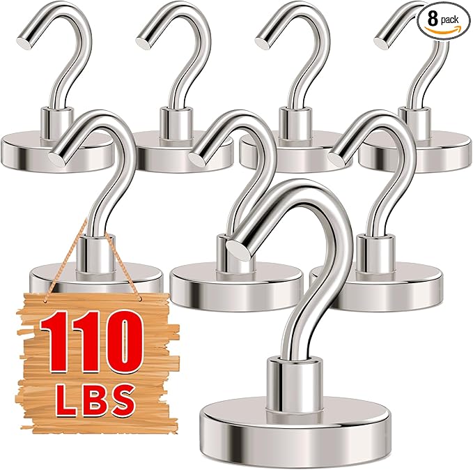 MIKEDE Magnetic Hooks Heavy Duty,110LB+ Strong Magnet with Hook, Super Neodymium Cruise Hooks, Locker Organizer Industrial Hooks for Hanging, Magnetic Hanger for Cruise, Grill - 8 Pack